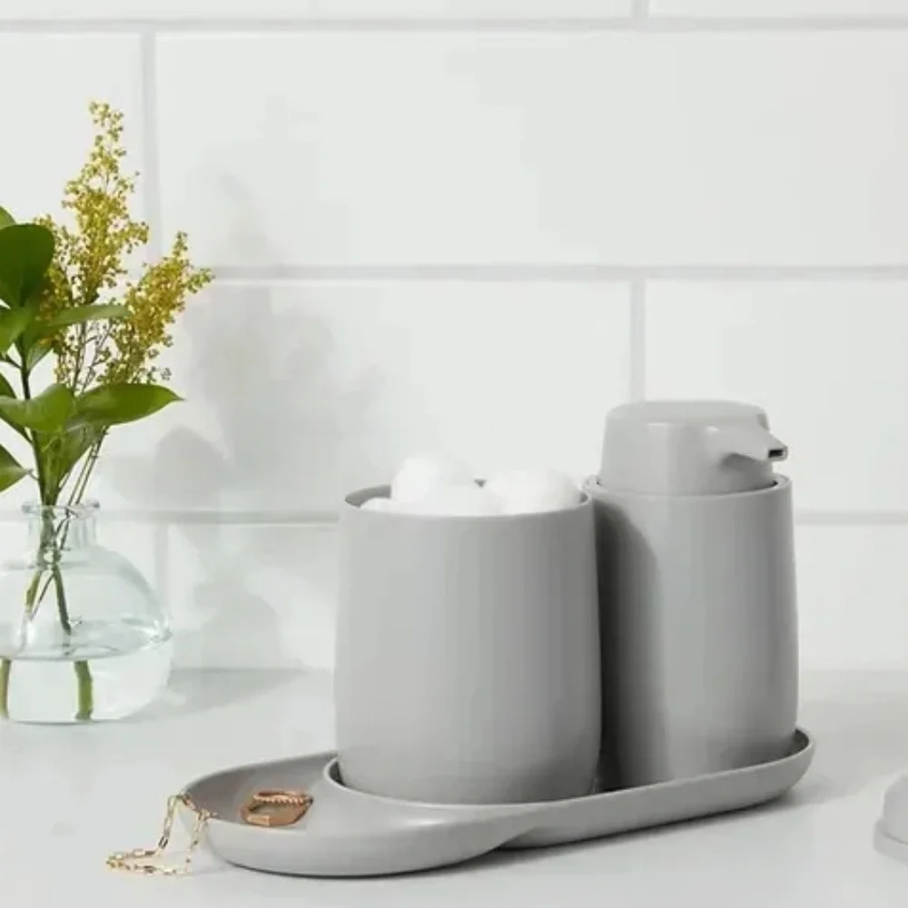 NEW Room Essentials 3pc Gray Bath Bundle Set: Soap Tray & Pump & Canister ✨